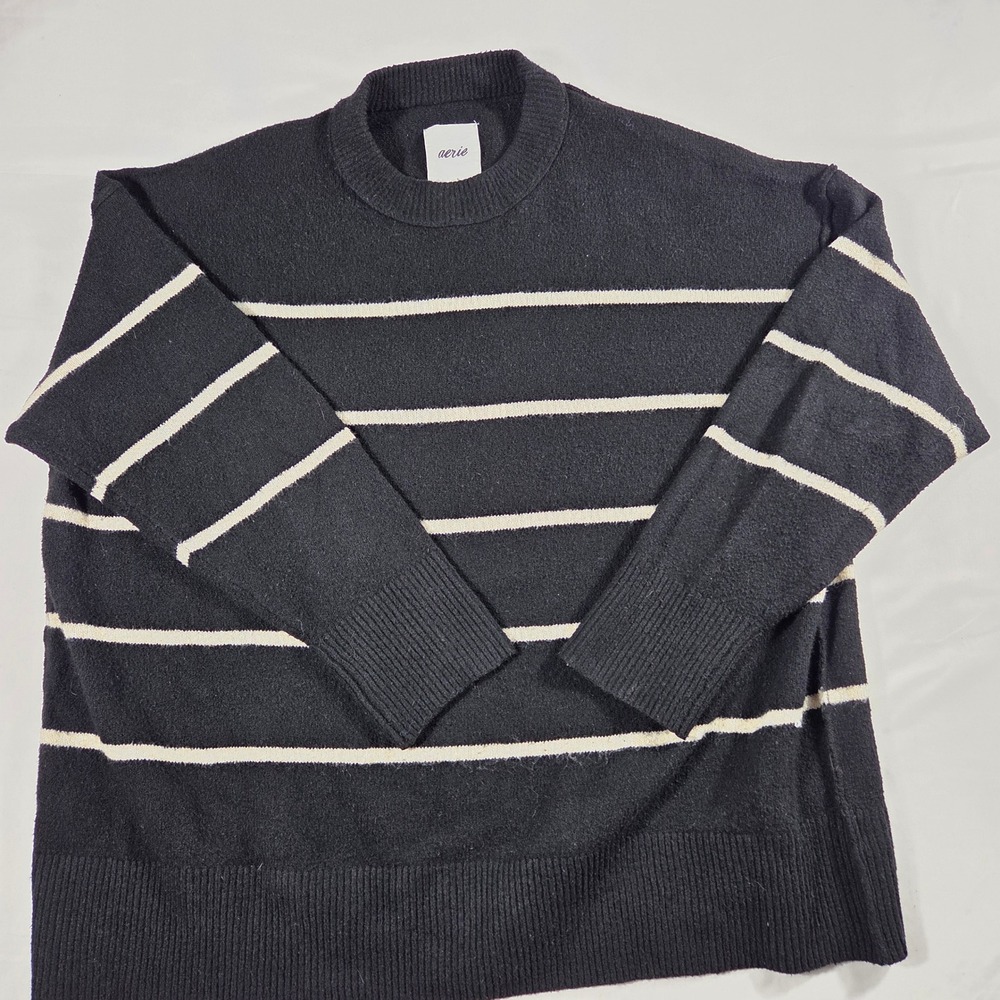 Aerie Oversized Striped Crewneck Sweater Black White Ribbed Knit Large